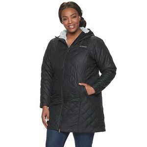 Columbia Jacket Womens Large Black Copper Crest Long Hooded Fleece Quilted